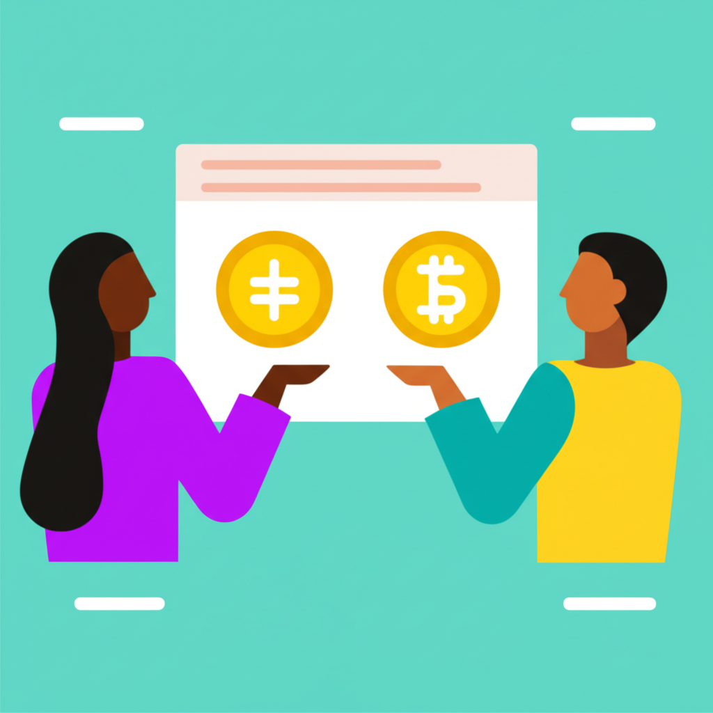 Two diverse individuals directly exchanging cryptocurrency and fiat money with the Binance platform acting as a secure escrow in the background an illustration