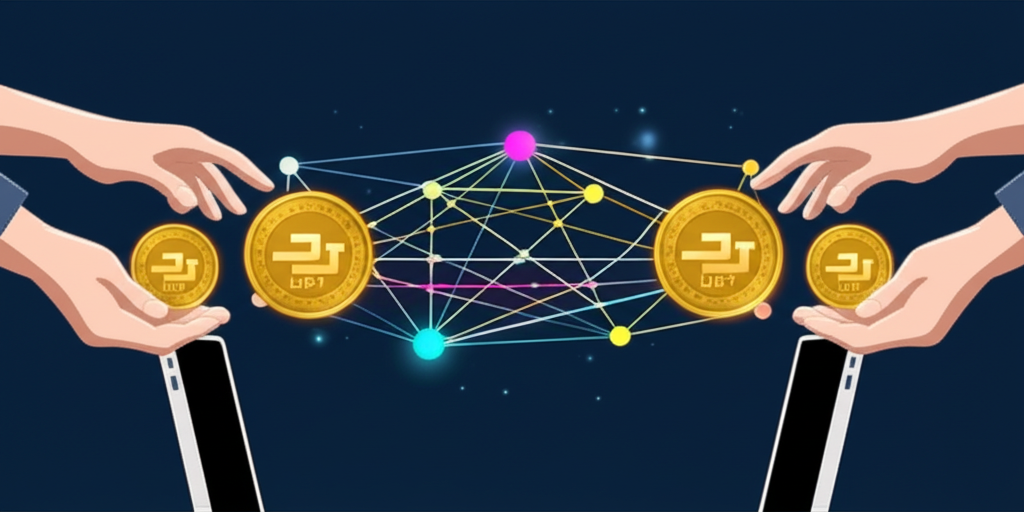 USDT 加密貨幣轉移插圖,展示兩個平台間的數位手與區塊鏈網路連接,強調網路選擇重要性