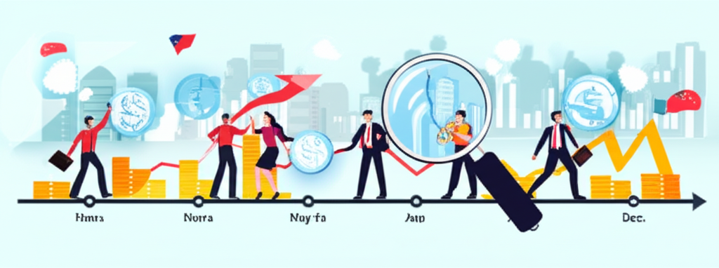 台灣經濟成長與股市表現時間軸插圖,放大鏡檢視關鍵歷史時刻,投資人於活躍金融環境中做出明智決策