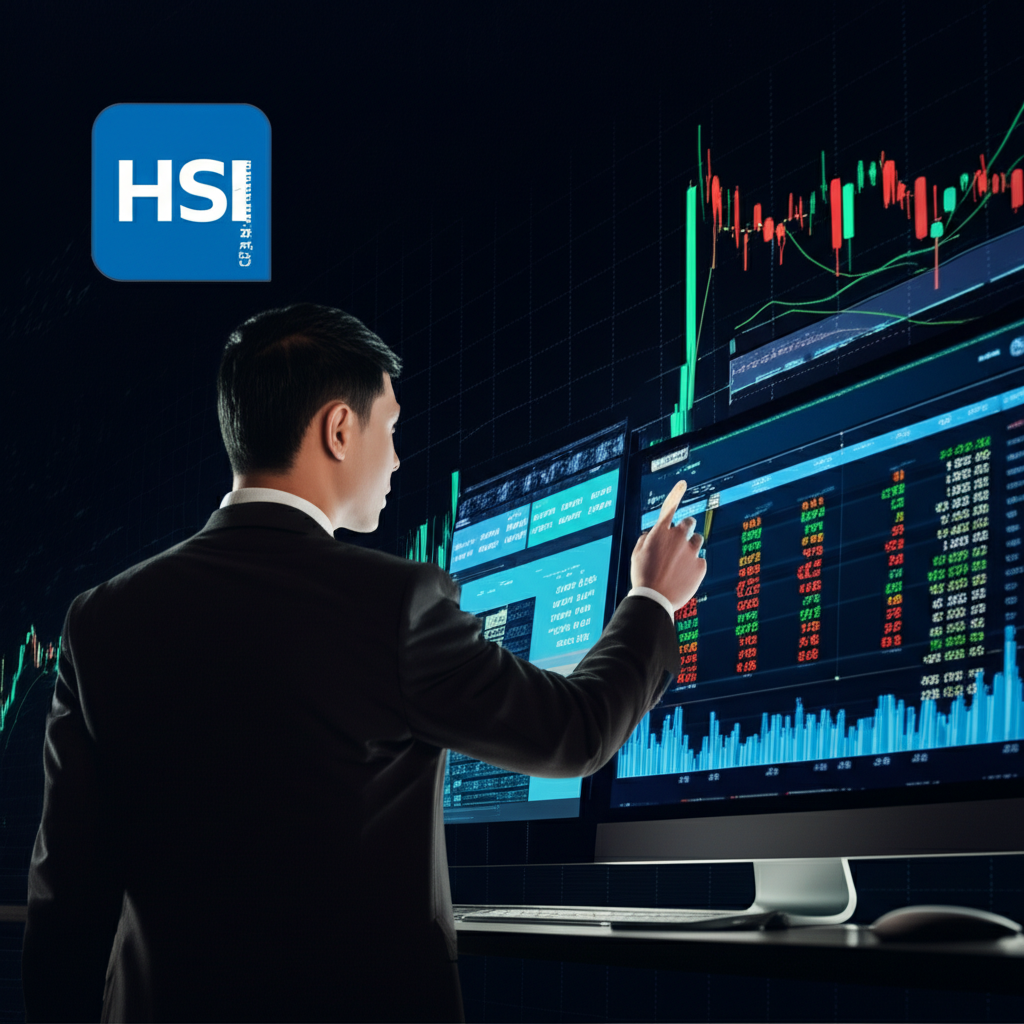 動態金融市場插圖,包含 HSI 圖表與 IG Markets 標誌,投資者使用交易平台探索機會