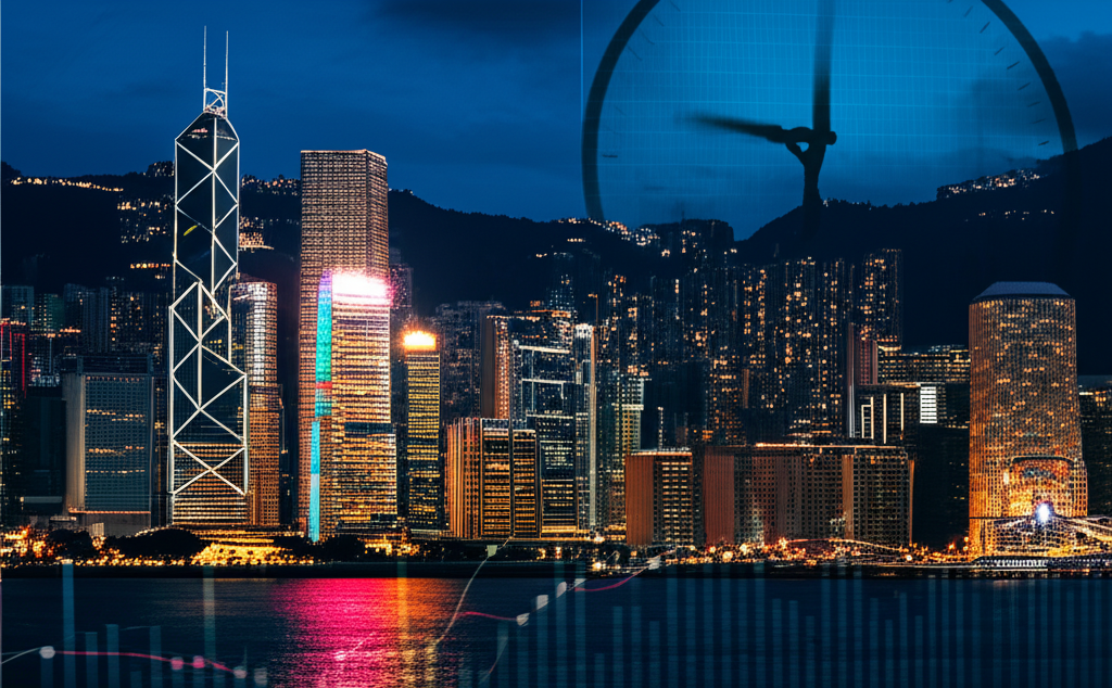 香港天際線插圖,疊加 HSI 圖表,時鐘顯示延長交易時間,代表黑期靈活性