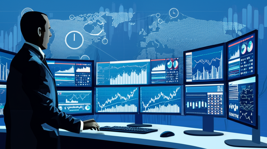全球投資者監控多個螢幕上的圖表與時區鐘錶,強調美股策略規劃與風險管理