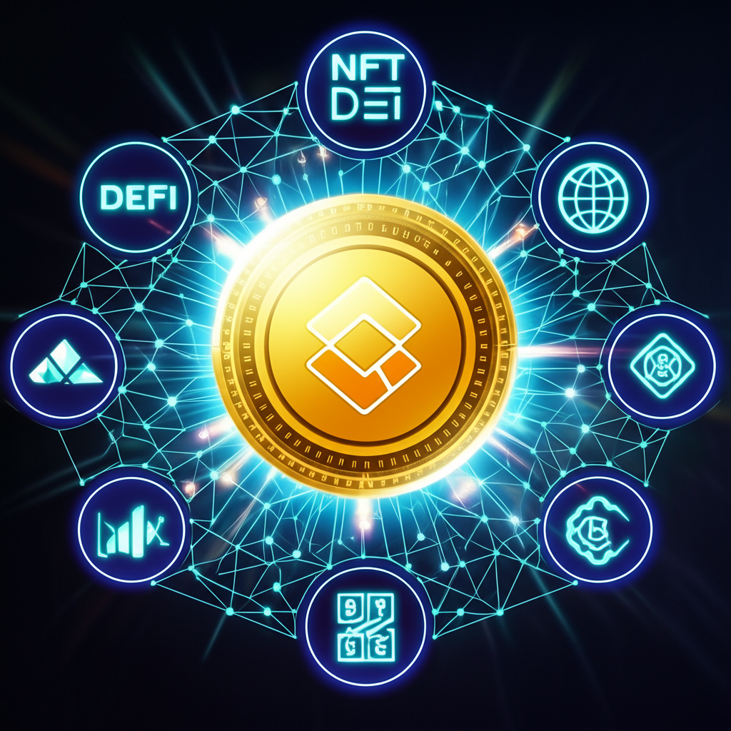 BNB 在加密貨幣生態系中的核心角色,象徵安全數位金庫與交易、DeFi、NFT 和全球金融的連結