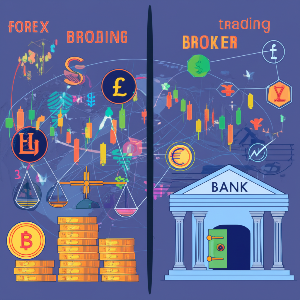 外匯經紀商與傳統銀行的對比插圖,分別以動態交易圖表與金庫符號呈現,中間以虛線區隔,突顯業務性質的差異