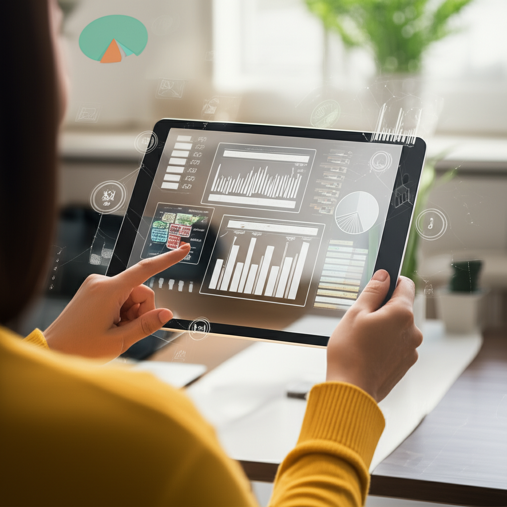 插圖:一人在現代家居環境中,輕鬆使用平板管理財務,周圍環繞簡潔的圖表與透明的數位介面