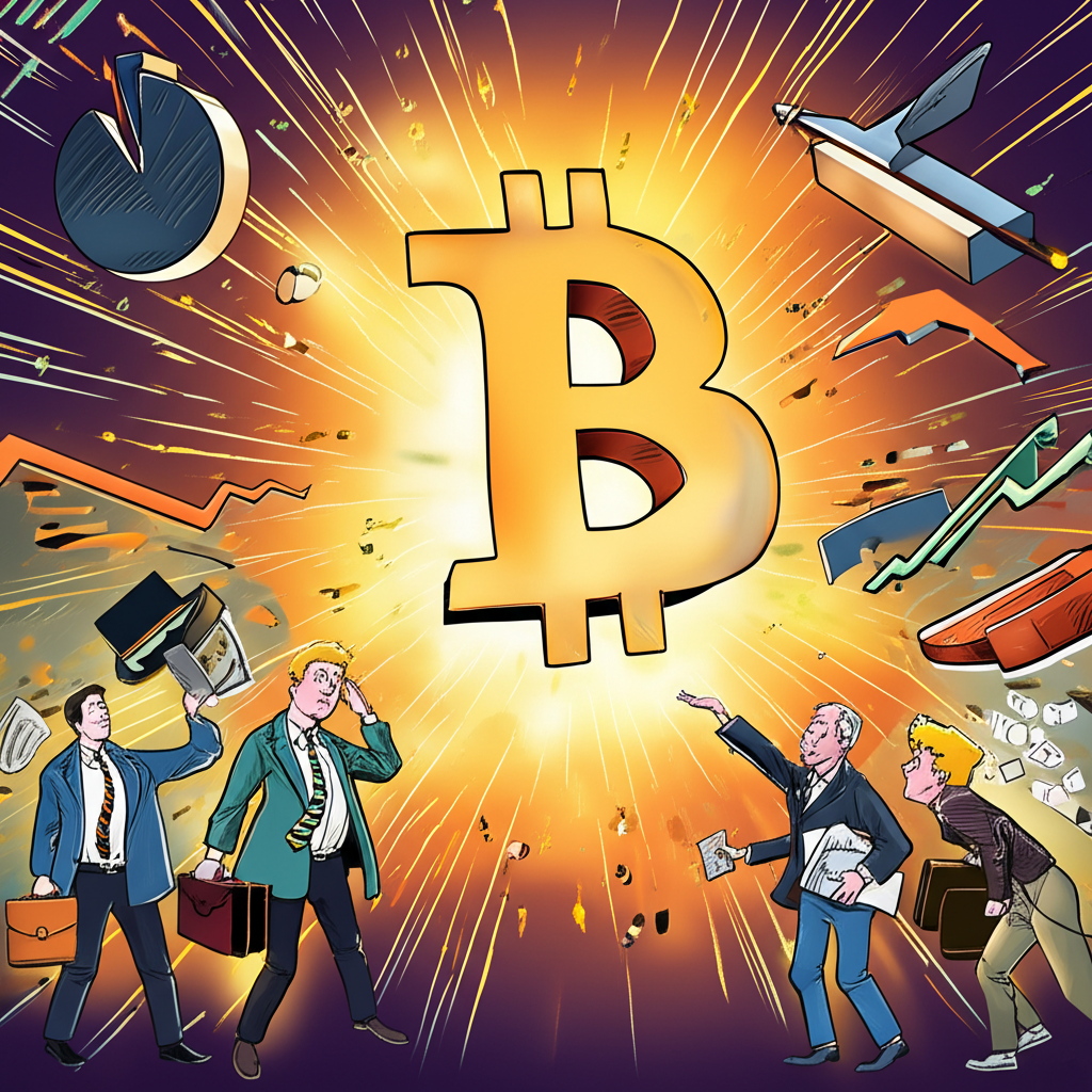比特幣現貨ETF震撼全球金融市場的插圖,顯示比特幣符號從爆炸中出現,周圍環繞傳統金融圖表與驚訝投資者