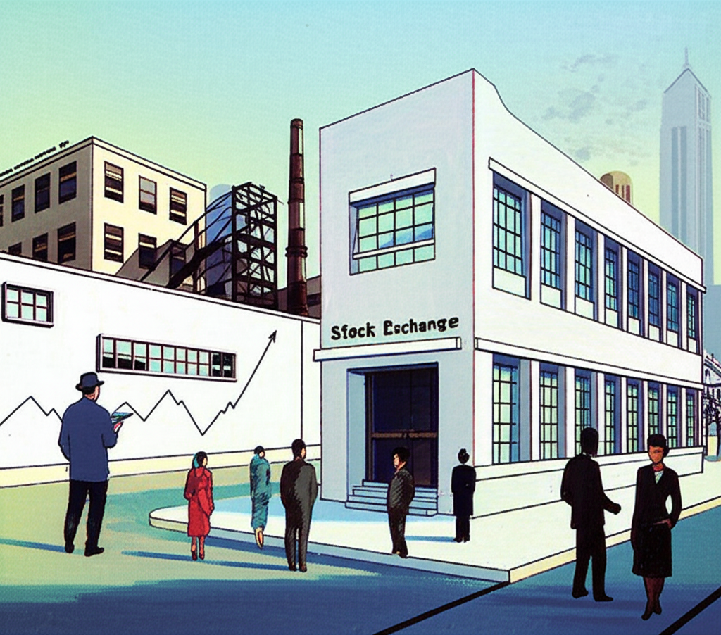 1960年代台灣景象,小型證交所建築、輕工業工廠與初期市場圖表顯示溫和成長,機構與散戶投資人觀望