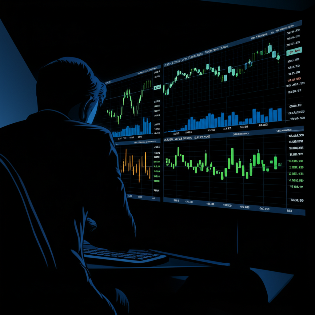 黑期交易概念插圖,陰影人物觀察多個指數圖表如恒生指數,強調低流動性和寬點差
