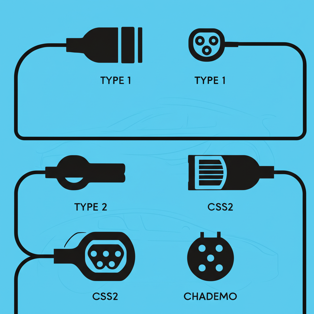 電動車充電介面展示，包括 Type 2、CCS1、CCS2 和 CHAdeMO 連接器，適用多種車品牌