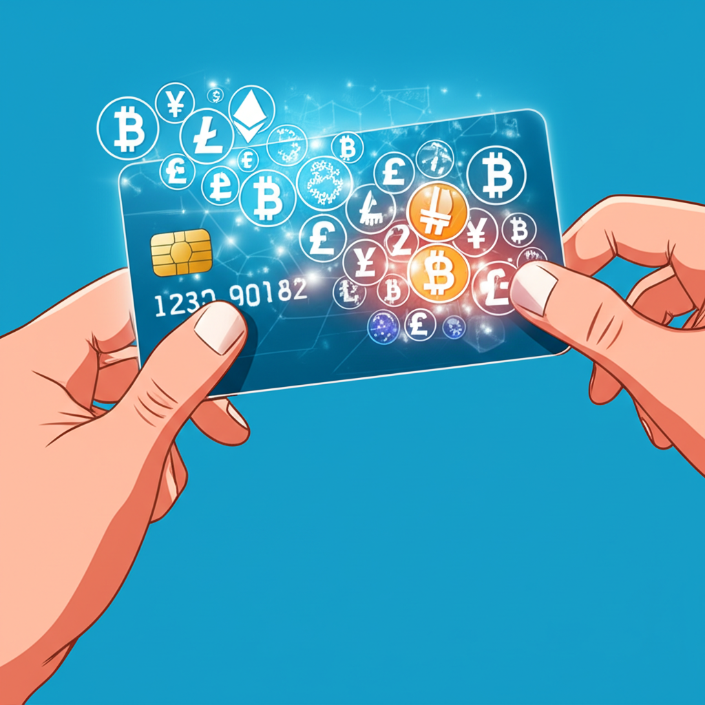 插圖:一個人手持一張發出光芒的卡片,上面浮現加密貨幣符號與法定貨幣符號融合的畫面,象徵數位資產無縫轉換為日常消費