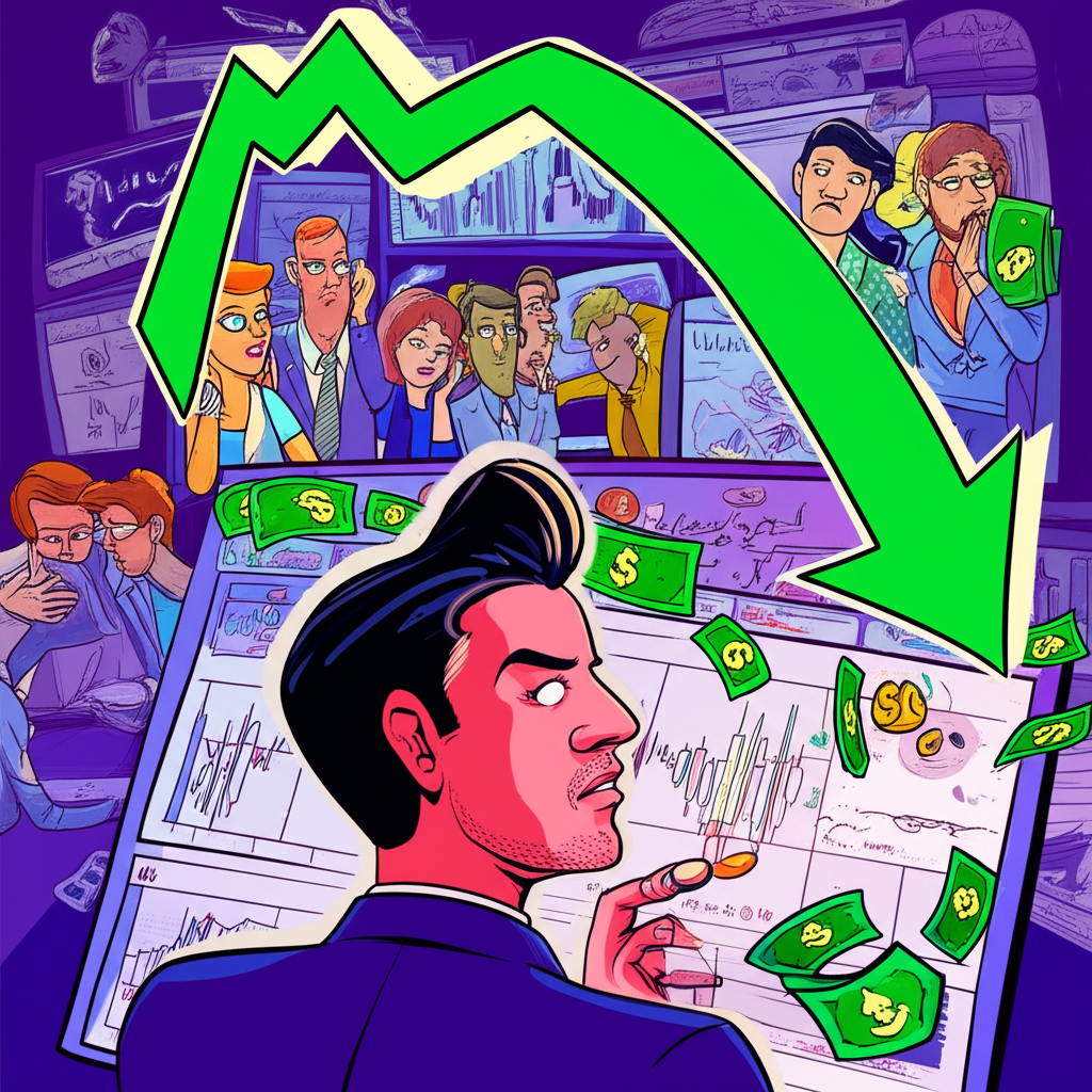 投資人看著下跌的股市圖表,資金向下流動象徵放空獲利,其他投資人神情憂慮的金融插圖