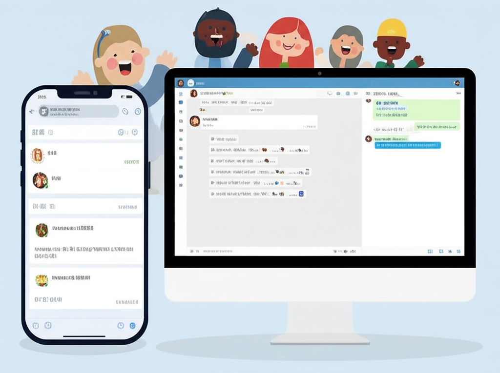 Telegram 介面從英文轉換為繁體中文的插圖,背景有開心用戶