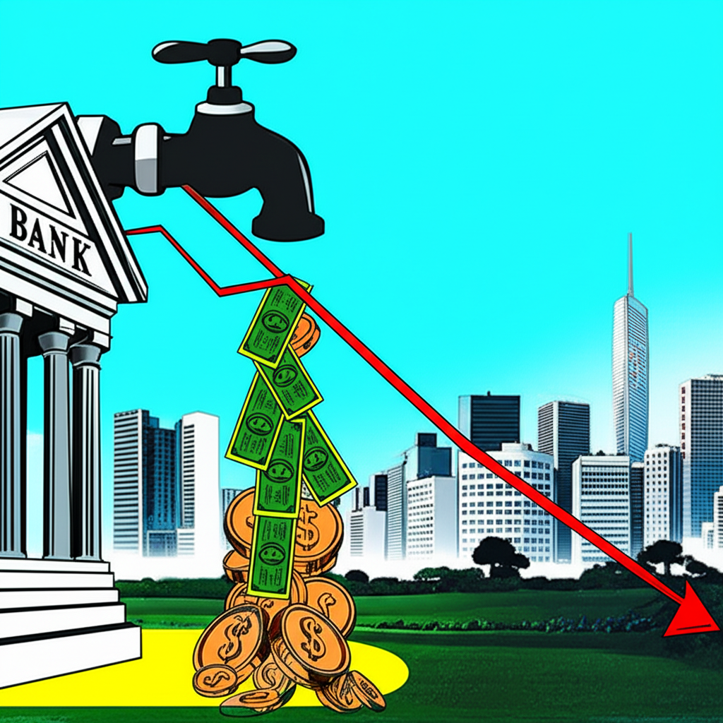中央銀行透過量化寬鬆向經濟注入資金,象徵經濟成長與利率下降的插圖