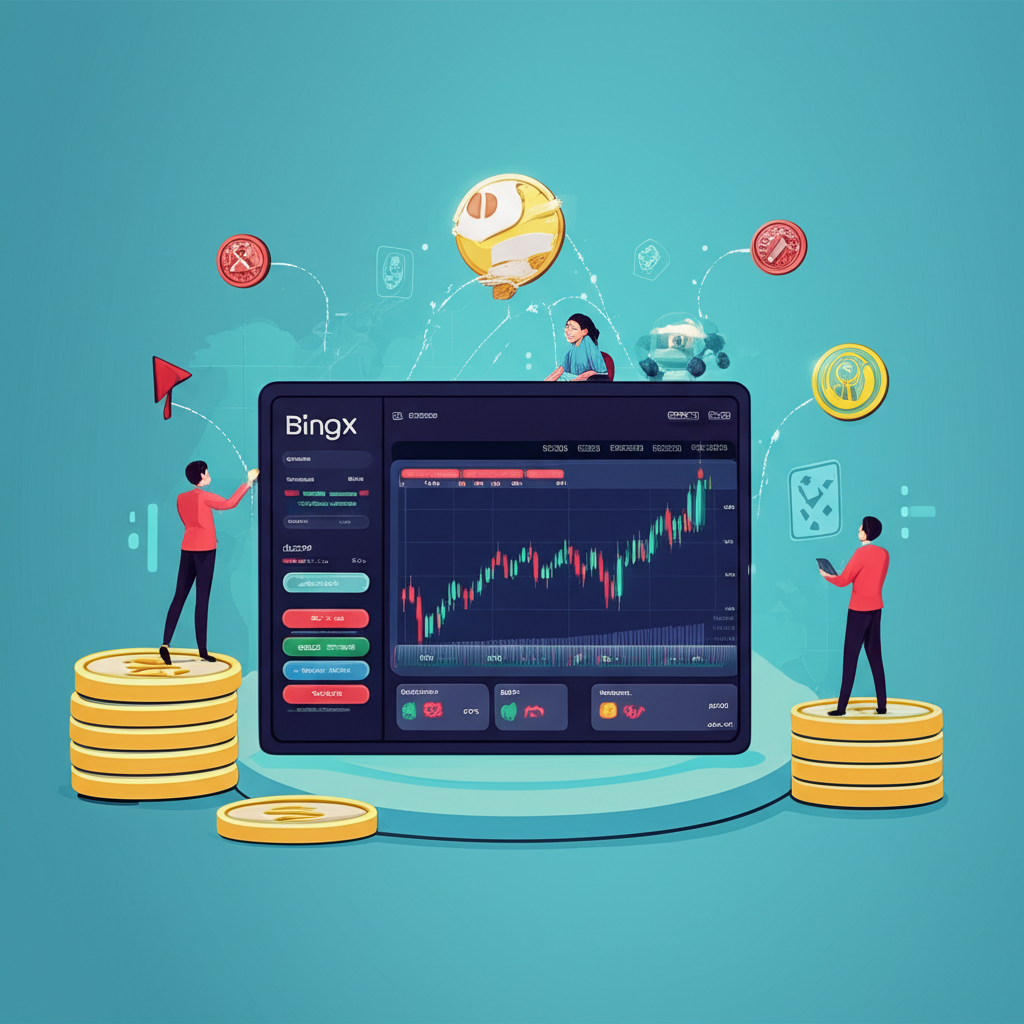 BingX 交易所平台介面示意圖，展示全球用戶參與合約與跟單交易的數位環境