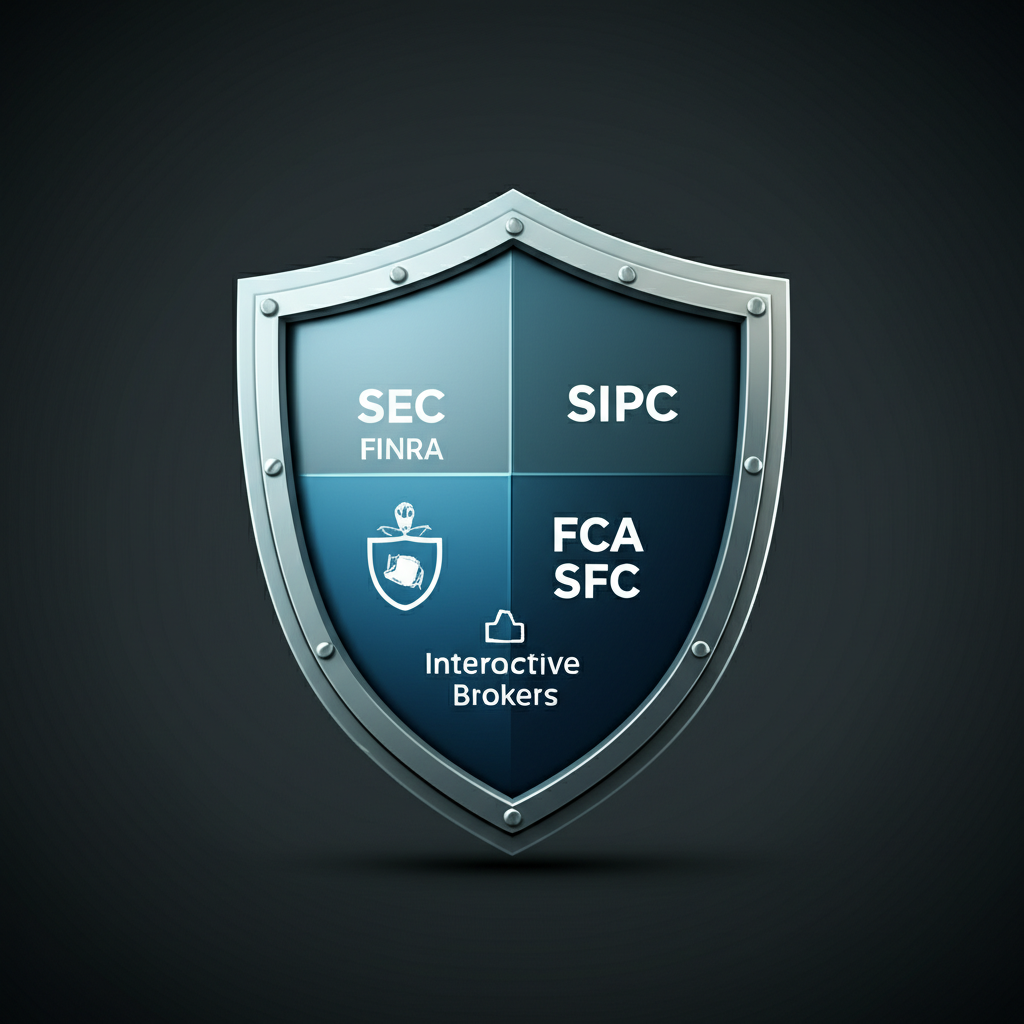 盈透證券資金安全與監管示意圖:盾牌保護金融帳戶,標示SEC、FINRA、SIPC、FCA、SFC等監管機構,強調其合規與投資人保障