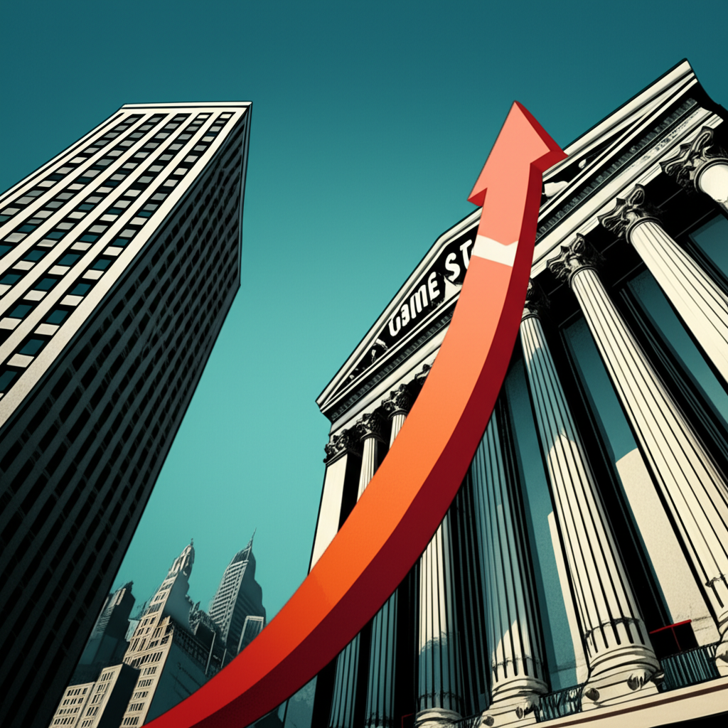 GME股價劇烈上漲的金融市場場景,象徵散戶投資者透過社群媒體對抗華爾街的衝突