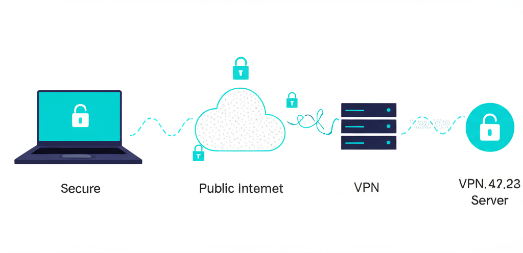 用戶裝置透過公共網路的安全加密隧道連至 VPN 伺服器,真實 IP 隱藏,資料免於攔截