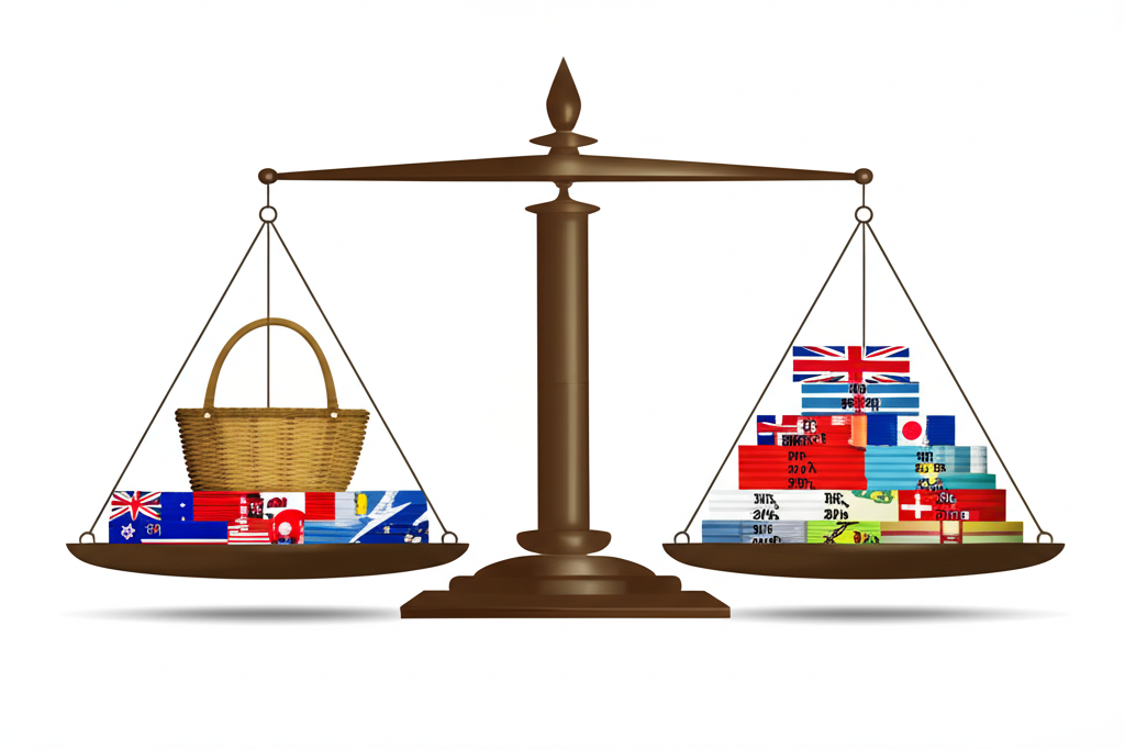 一籃子全球貨幣包含歐元、日圓、英鎊、加幣、瑞典克朗與瑞士法郎，各自標示權重百分比，堆疊於天平上，象徵其對美元指數的貢獻比例