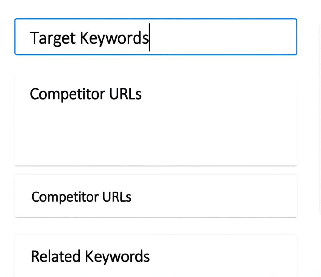 數位介面顯示三個顯眼的空白輸入欄位，分別標註目標關鍵字、競爭對手URL與關聯關鍵詞，強調資料缺失