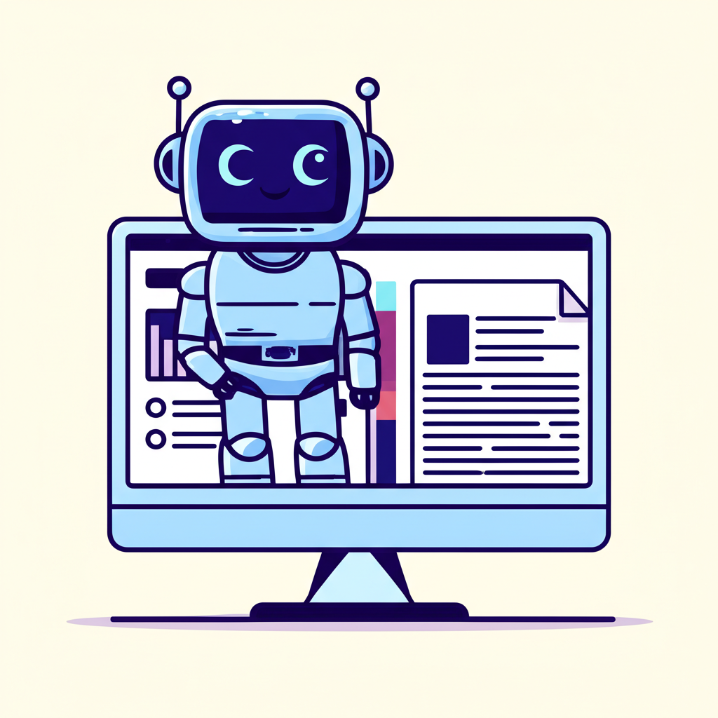 友好的 AI 助手等待用戶輸入的插圖,顯示關鍵字分析工具與空白文件
