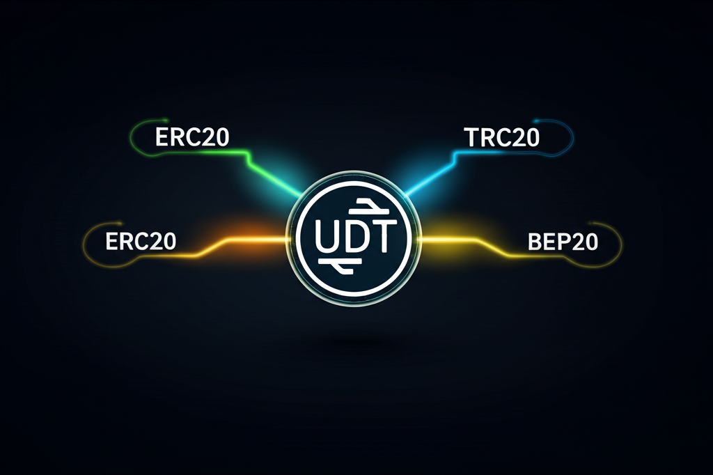 Illustration of ERC20 TRC20 BEP20 pathways around USDT coin for multi-chain transfers