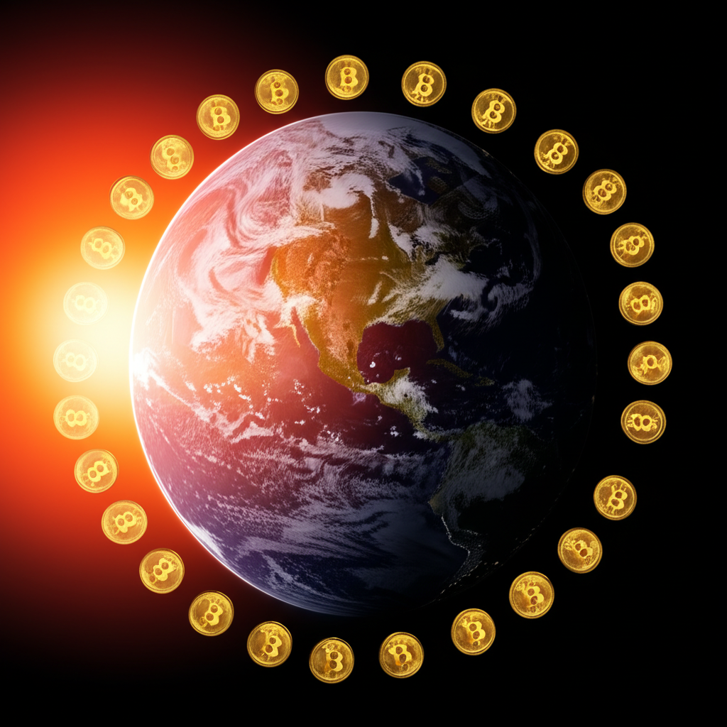 地球被比特幣符號環繞，日夜不停運轉，象徵全球24/7不間斷交易，無明確開盤或收盤時段