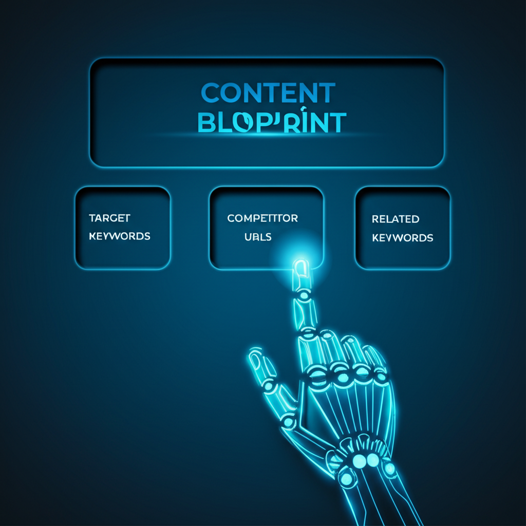 Content blueprint mind map with empty slots for target keywords, competitor URLs, and related keywords