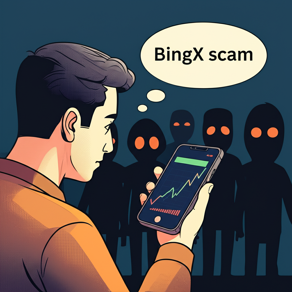 投資者憂心忡忡地看著顯示加密貨幣走勢與BingX詐騙疑雲的手機
