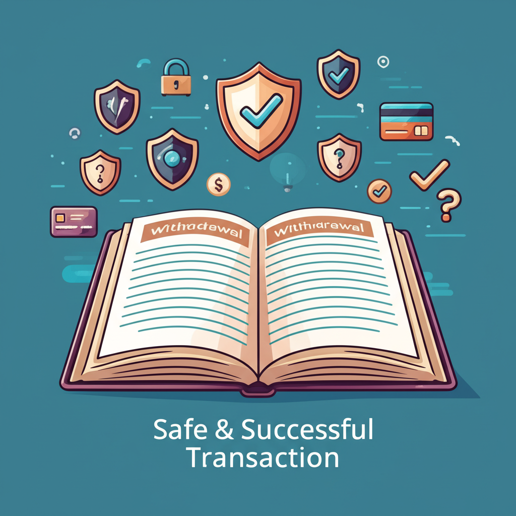 一本綜合指南書,封面圖示涵蓋不同出金方式、安全盾牌與問號,解法指向安全成功的交易