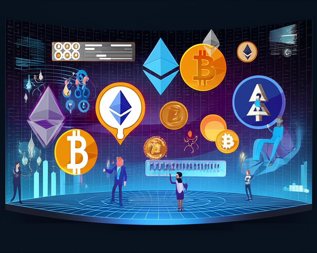 生動的數位交易市場插畫，展現多元投資者使用先進工具與合規標章互動的畫面