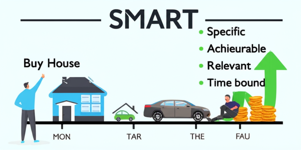 設定財務目標時間線包含房屋汽車退休並融入SMART原則與資金成長
