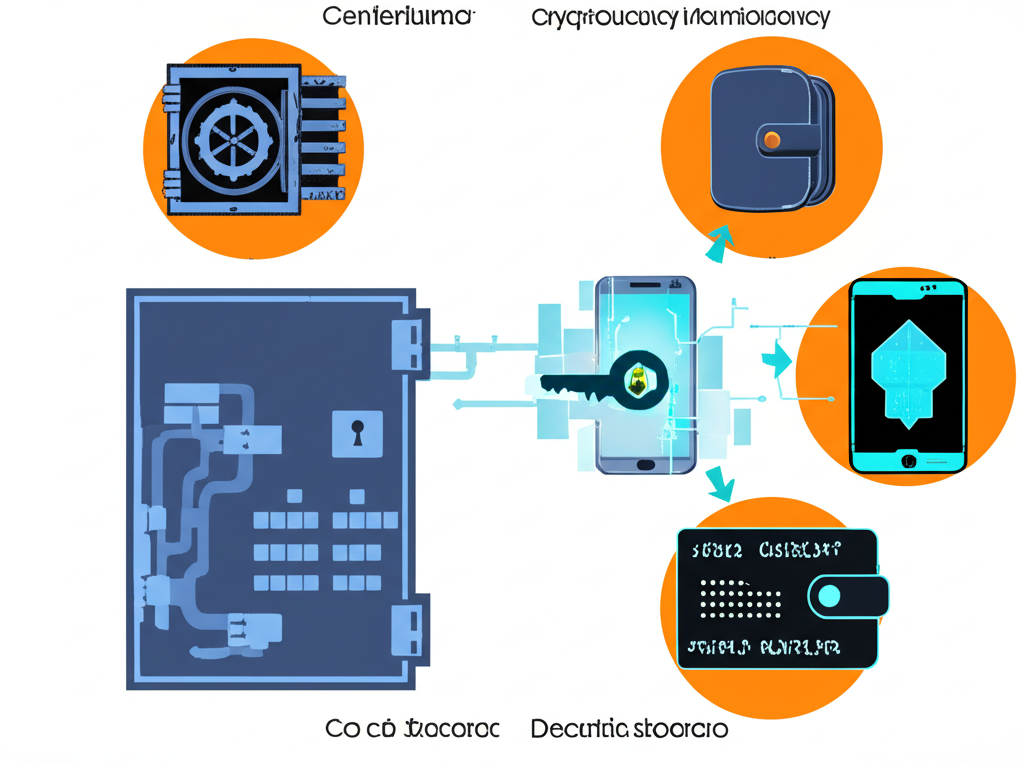 加密貨幣儲存與交易的兩種途徑：中心化平台與去中心化個人密鑰的插畫