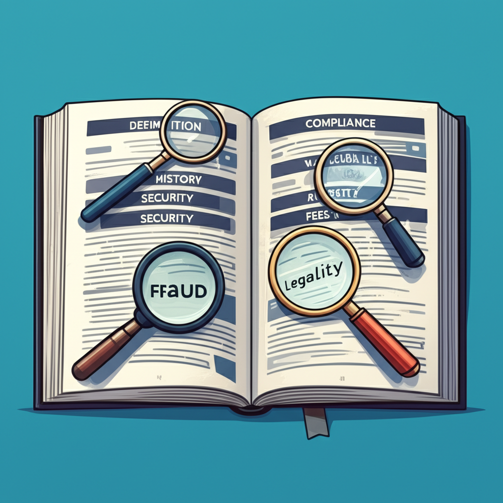 一本打開的書展示關於OKX的詳細章節,包括定義、歷史、產品、安全、費用與合規,放大鏡聚焦在詐騙與合法性等關鍵議題