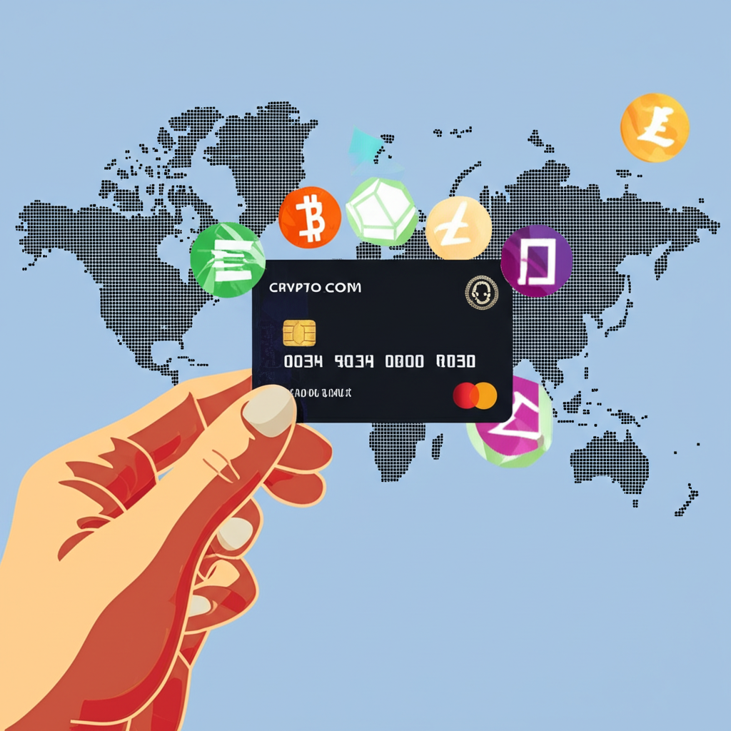 手持Crypto.com Visa卡,周圍浮現加密符號與全球地圖,展現跨境消費場景