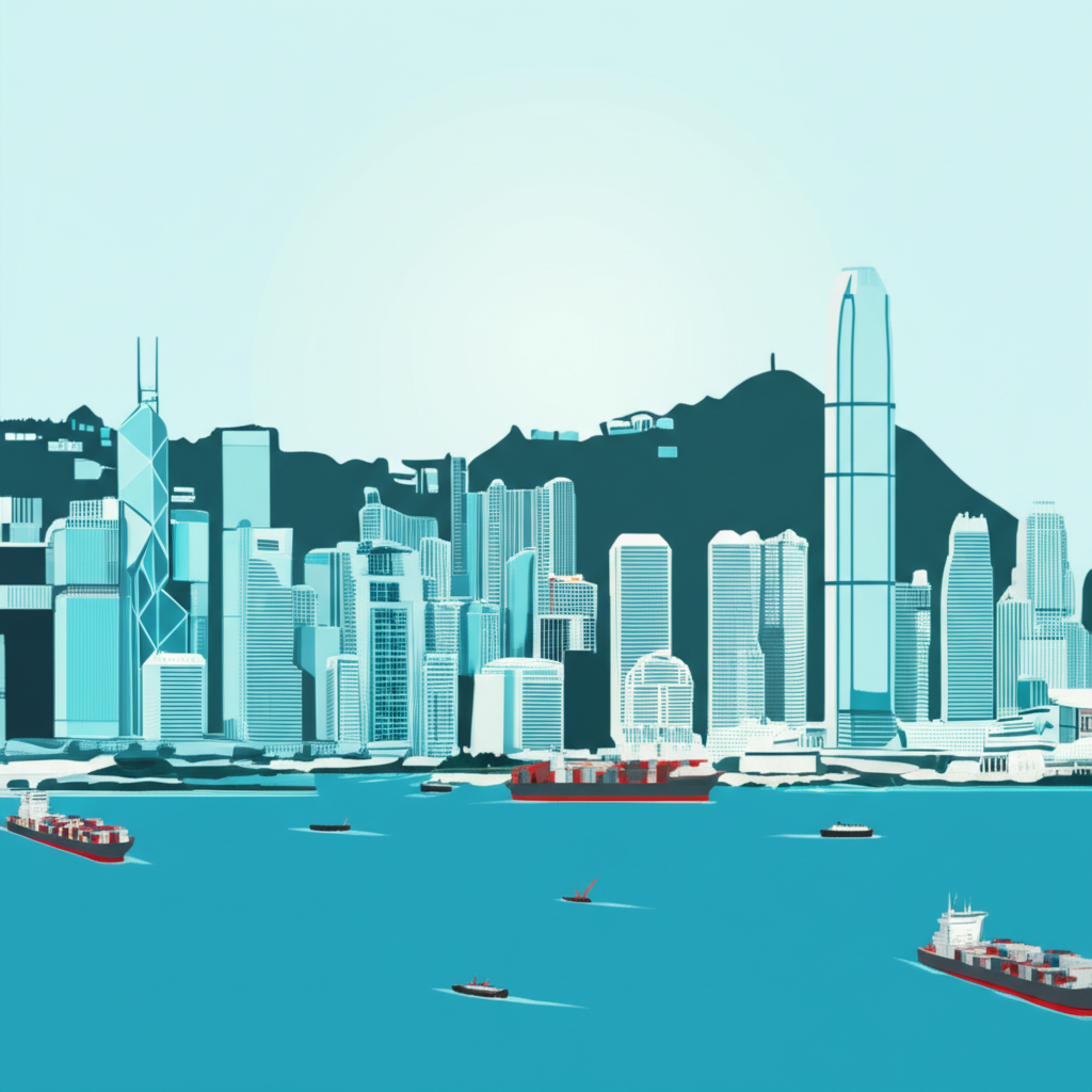 香港動感城市景觀插圖,呈現現代摩天大樓與繁忙港口活動