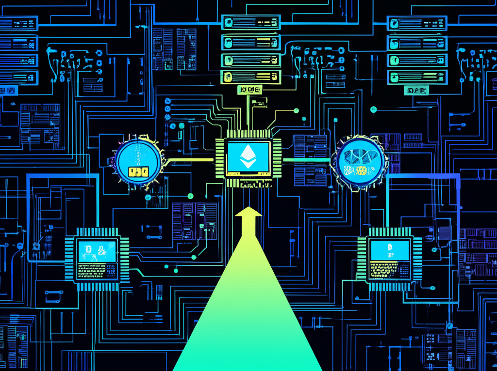 插畫：一條簡化的路徑通往自動化加密貨幣交易，原本複雜的程式碼與伺服器迷宮，轉化為使用者友善的圖示，讓一般投資者也能輕鬆進入