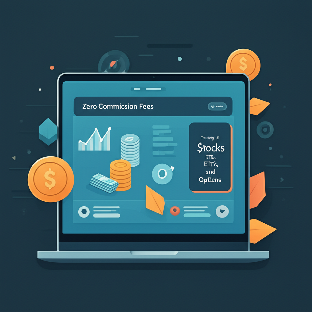 財務儀表板插圖,展示美股、ETF和選擇權零佣金交易,旁邊有股票、基金和選擇權圖示,強調投資人節省成本