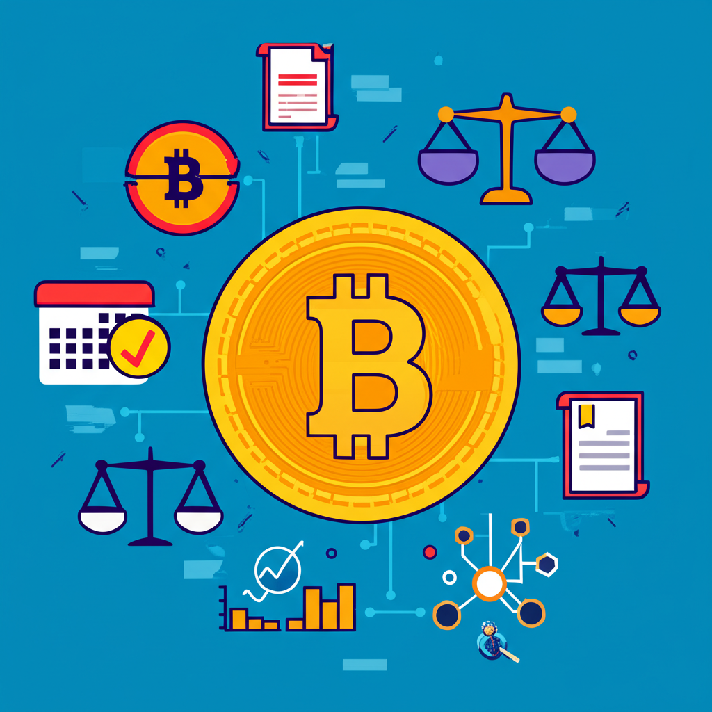 顯示影響比特幣價格的各種因素,包括減半事件圖示、供需天平、全球經濟指標如通膨與利率、監管文件,以及代表技術進步的區塊鏈網路符號