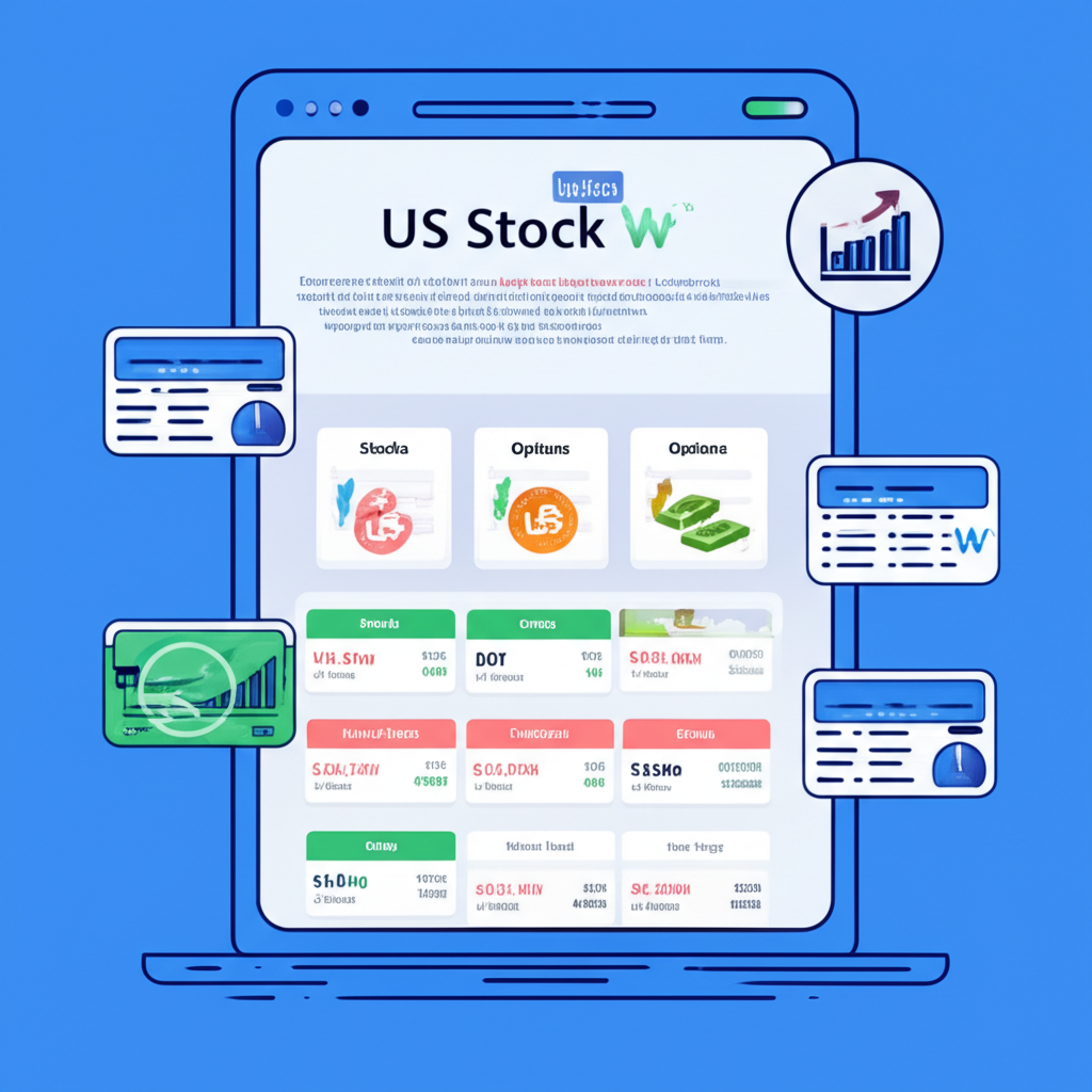 友好線上券商平台插圖,顯示簡易介面包含美股圖表及股票、ETF、選擇權和共同基金等多元投資選項,適合全球投資人並支援中文
