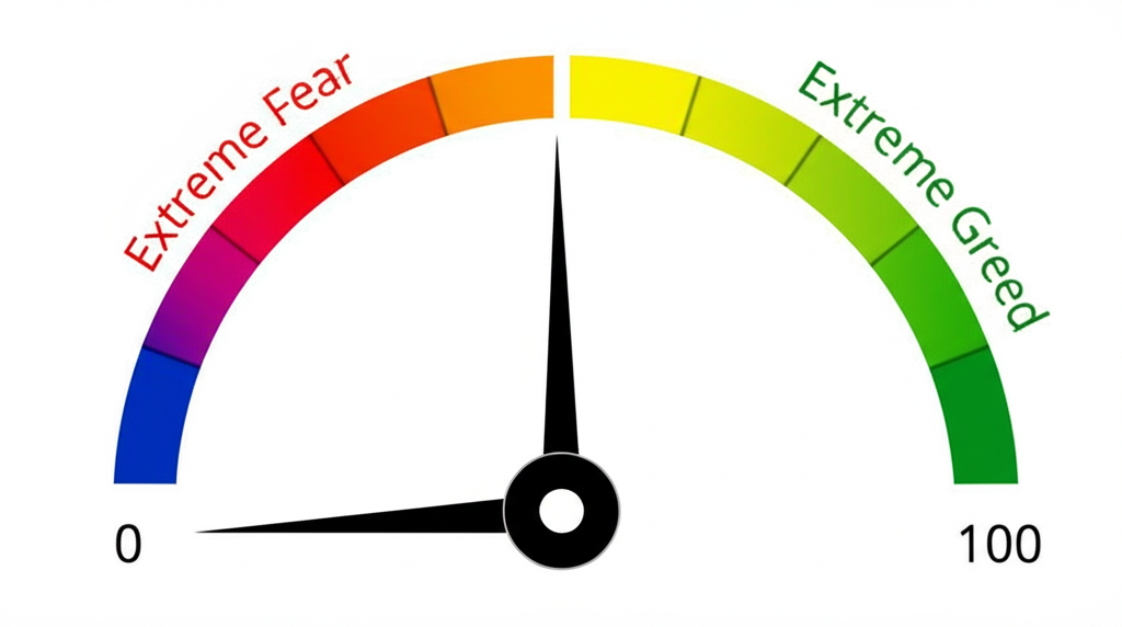 從 0 到 100 的數值刻度,針指向 0 表示極度恐懼顯示恐慌投資者,向 100 表示極度貪婪顯示過度樂觀投資者,理解市場心理