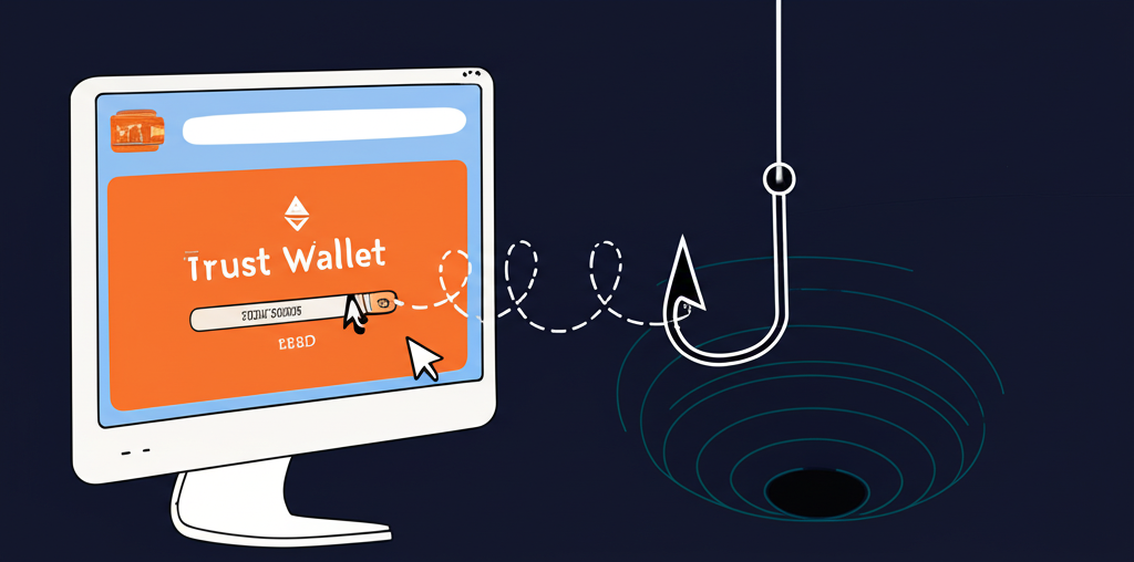 使用者點擊假Trust Wallet網站的釣魚詐騙插圖,顯示種子短語被鉤走