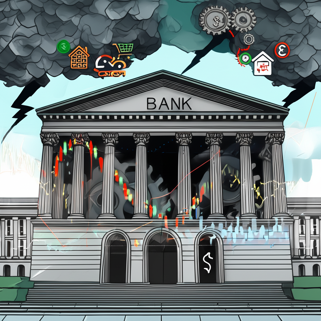 中央銀行建築與經濟指標圖表,顯示核心CPI如何影響金融市場和日常生活