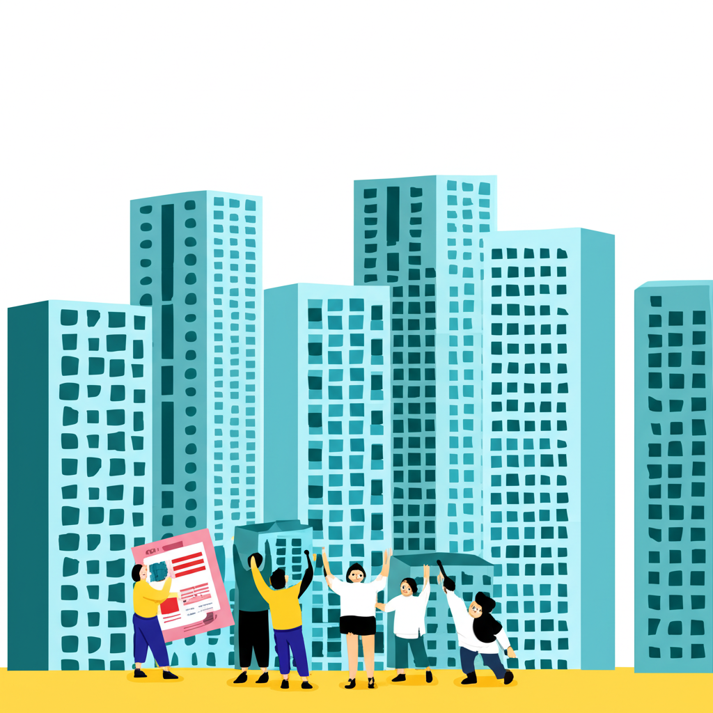 台灣房市高樓林立插圖，象徵高房價與購屋者掙扎，伴隨政府監管努力