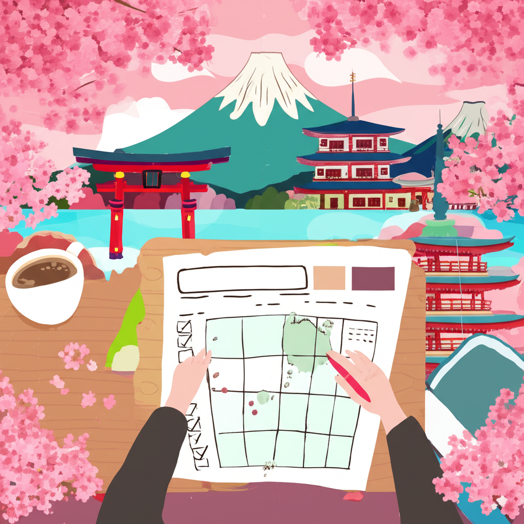 2024 日本旅遊行前準備清單插圖,旅客在桌子上規劃行程,周圍環繞櫻花與日本地標