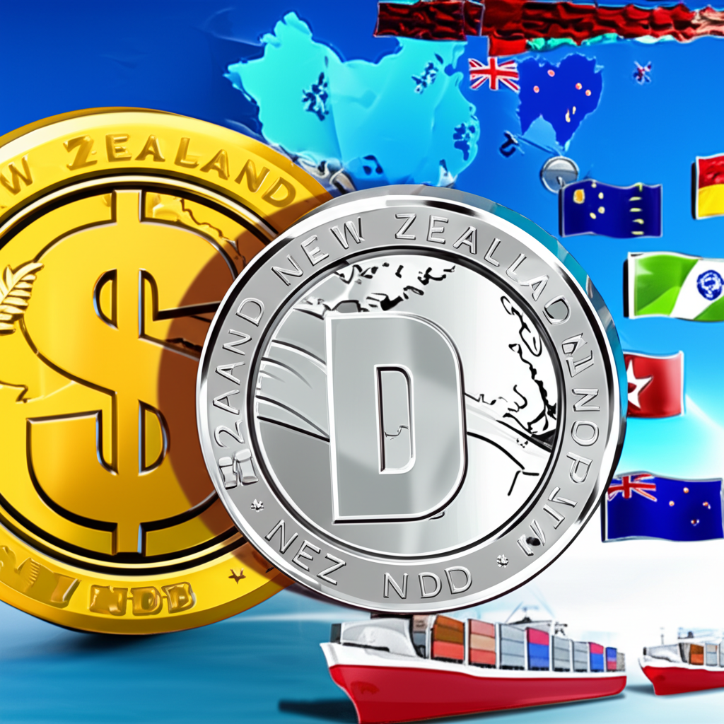 美元主導與中國地圖及地緣政治符號,描繪影響紐西蘭美元的全球貿易與經濟力量