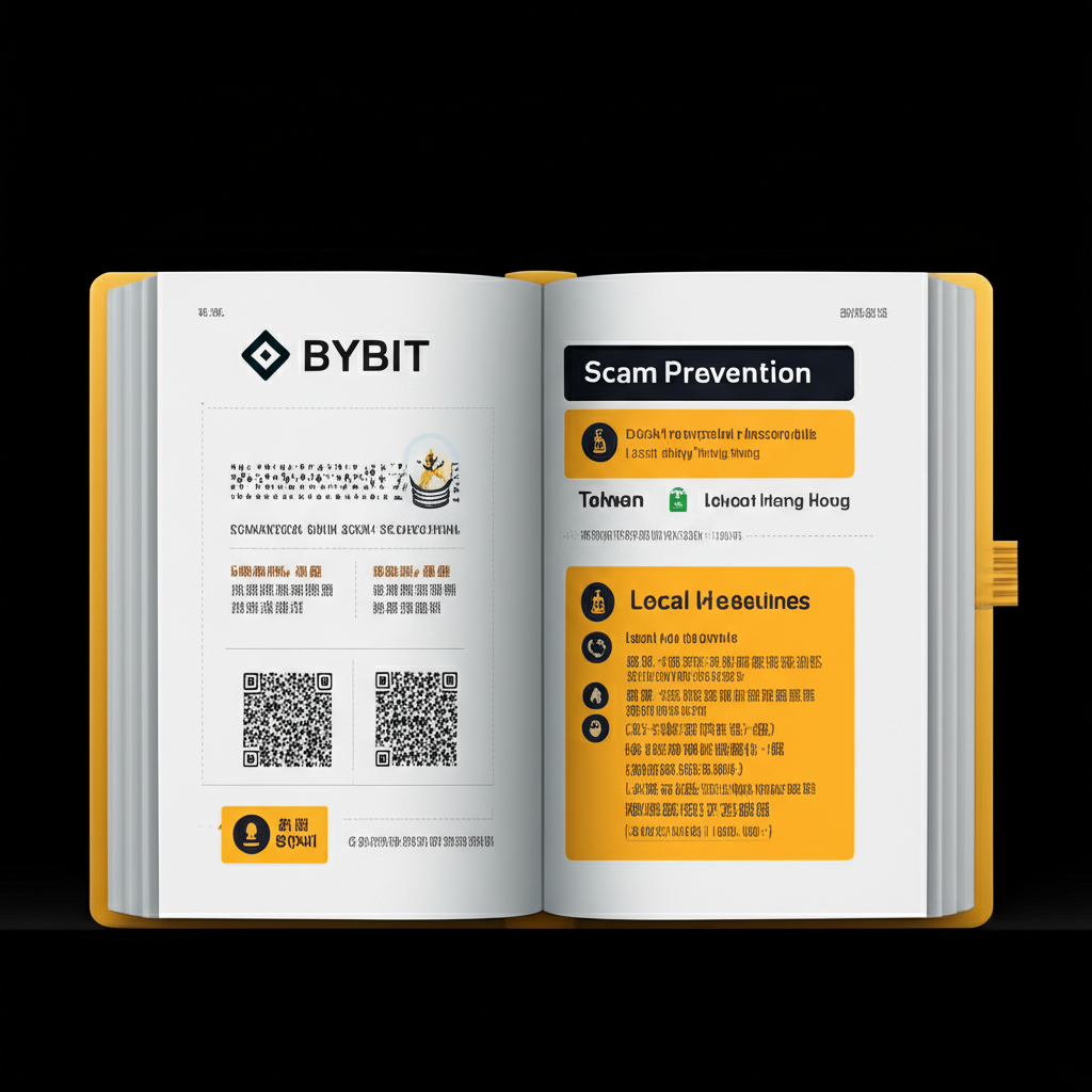 Bybit防詐指南書籍插圖，開啟頁面顯示詐騙防範、安全措施及台灣香港求助熱線