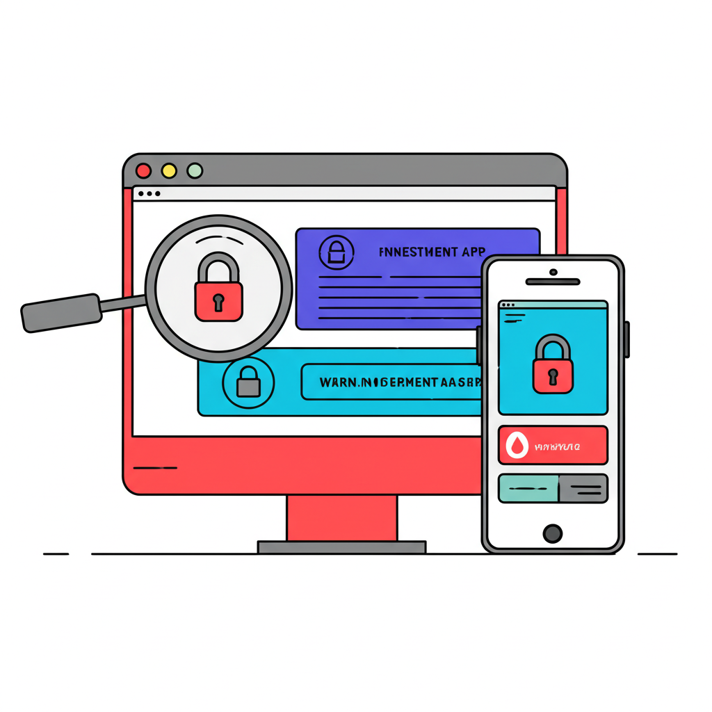 仔細檢查網站網址與App真偽的放大鏡示意圖