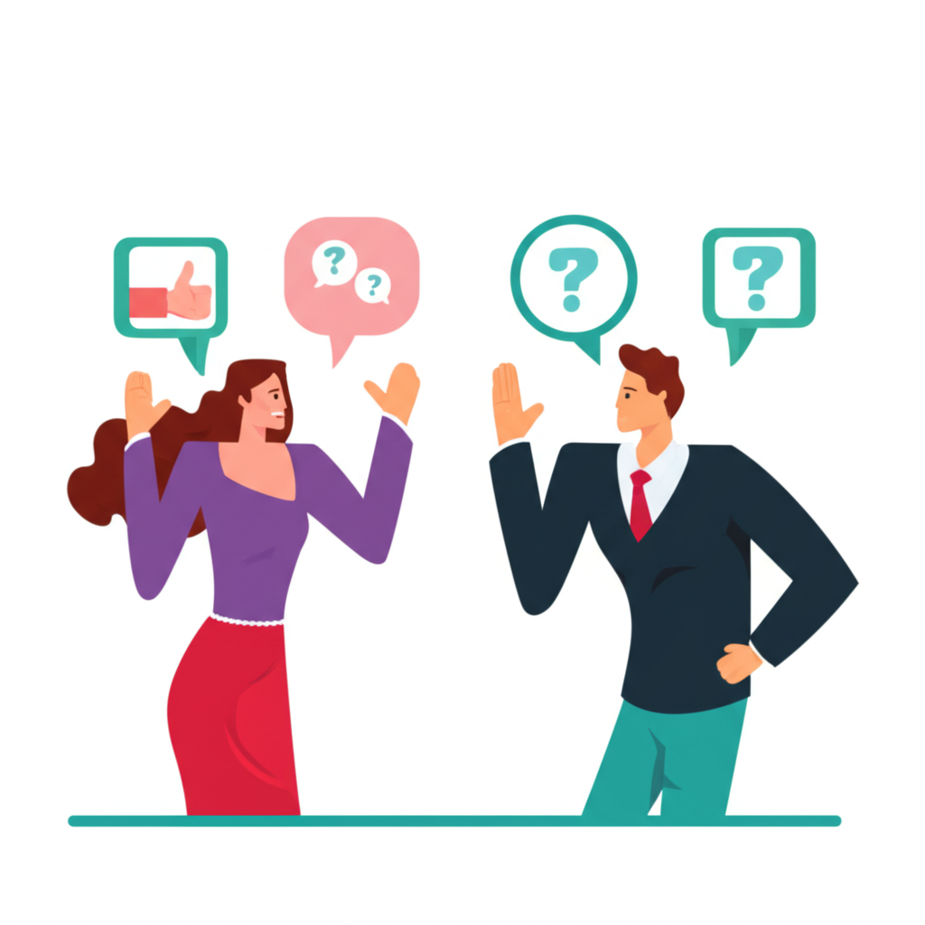 An illustration depicting two opposing groups of people discussing the credibility of a forex platform one group with thumbs up and another with question marks representing support and skepticism