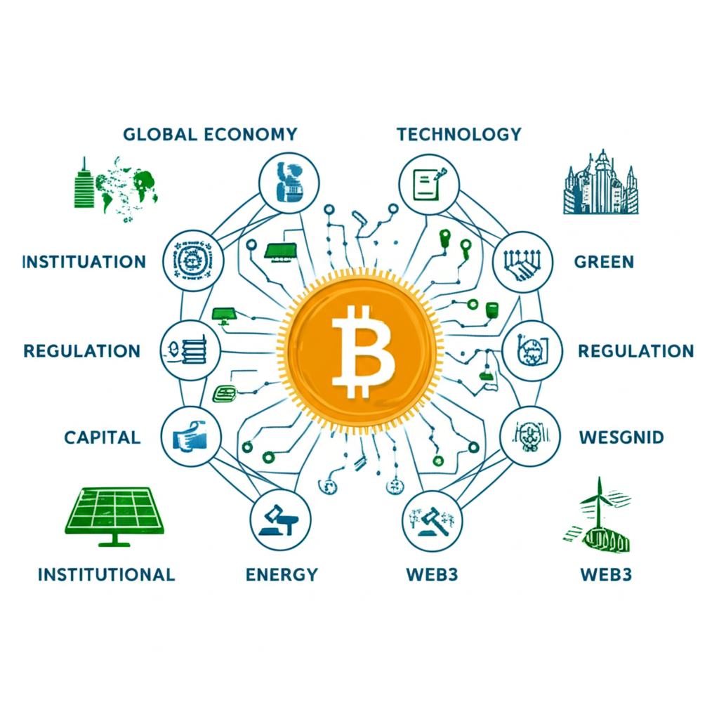 比特幣周圍環繞著經濟、技術、監管與機構資本等複雜網絡,延伸至數據圖表、綠能標誌與Web3圖示,展現未來趨勢