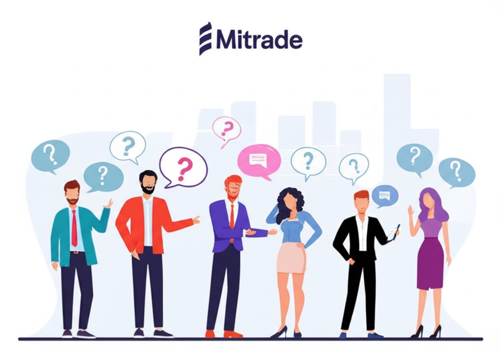插畫：一群多元背景的投資者在論壇上討論資金提領，背景有大型Mitrade標誌，頭頂漂浮問號，象徵對出金速度與安全性的擔憂